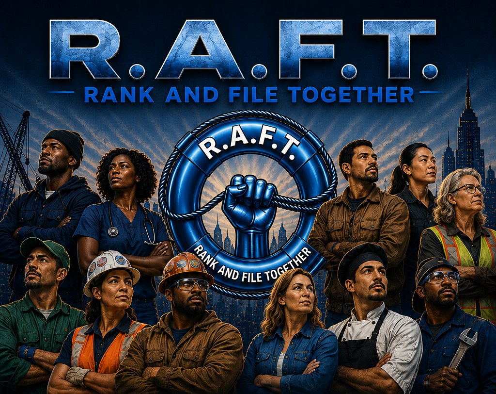 R.A.F.T., Rank and File Together: a blue life preserver with a raised fist gripping its rope, surrounded by a diverse group of workers including a nurse, construction workers, a chef and a mechanic, in front of a city skyline